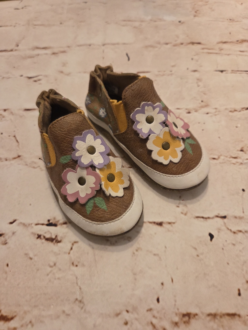 Robeez Brown Slip-On Baby Shoes with Pastel Floral Appliqués